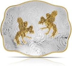 Montana Silversmiths XL Engraved Scalloped Buckle W/ Fighting Roosters