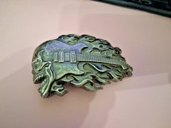 Belt Buckle Flaming Skull Guitar Heavy Metal