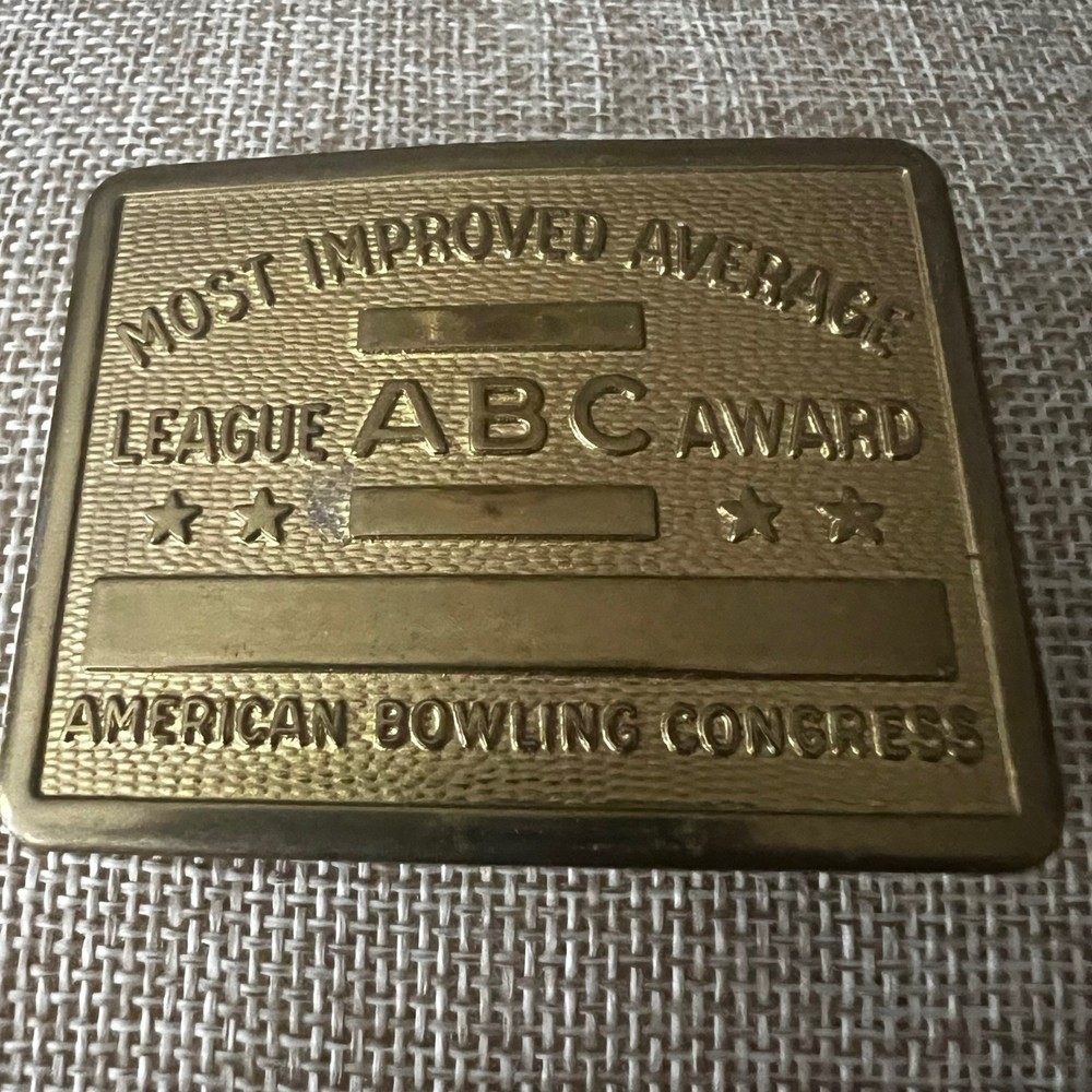 Vintage American Bowling Congress ABC Award Belt Buckle Brass Tone 3in Americana