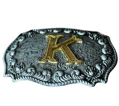 Vintage WMG Western Belt Buckle Initial K Cowboy Rodeo Floral Scroll Rope Edge