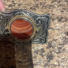 Western Belt Buckle Wood Cabochon Goldtone Metal Black Background Leaf 3.5 X 2.5