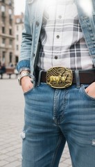 New Men Women Antique Gold Metal Belt Buckle Deer Nature Hunter Western USA Flag