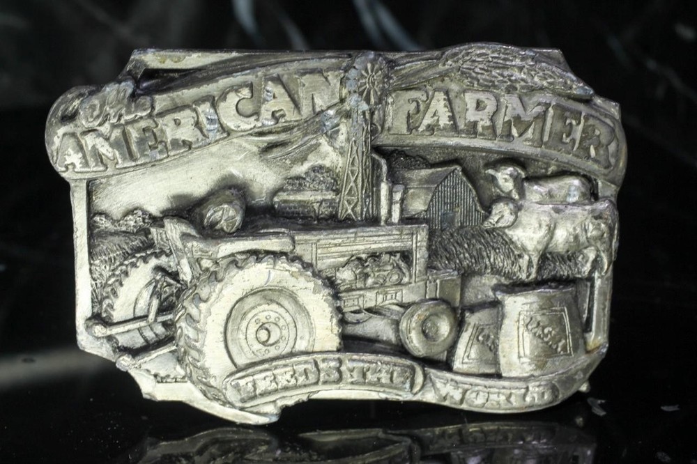 THE AMERICAN FARMER FEEDS THE WORLD TRACTOR ENAMEL BELT BUCKLE
