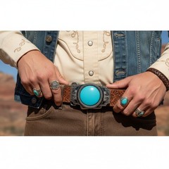Men Women Western Fashion Belt Buckle Silver Metal Turquoise Blue Bead Festival
