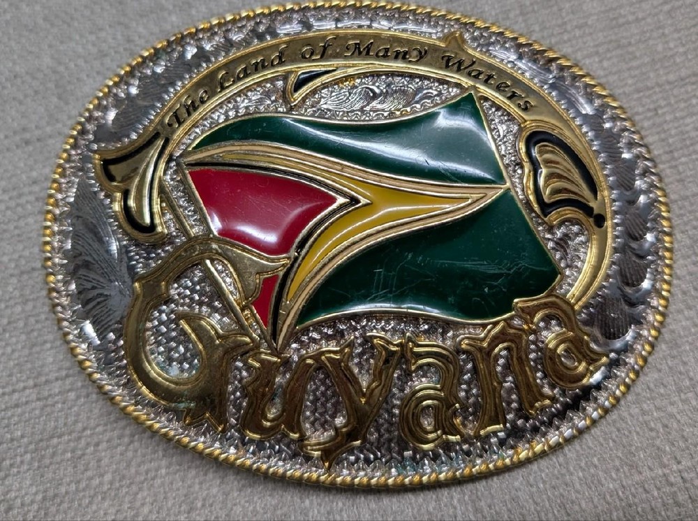 vintage GUYANA belt buckle WESTERN south america COWBOY engraved VIA new york