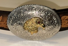 Tooled Leather Belt Size 30 Duck Hunting Crumrine Bronze Eagle Eye Gem Buckle