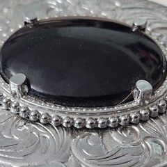 AWESOME Ornate Vintage Silver Buckle with Black Onyx Gem Floral Engraved Retro