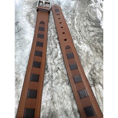 Men&rsquo;s brown leather belt featuring a prominent woven-inlay pattern size 44
