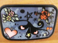 Belt Buckle Black Metal Hearts and Flowers pink gray and black on black metal