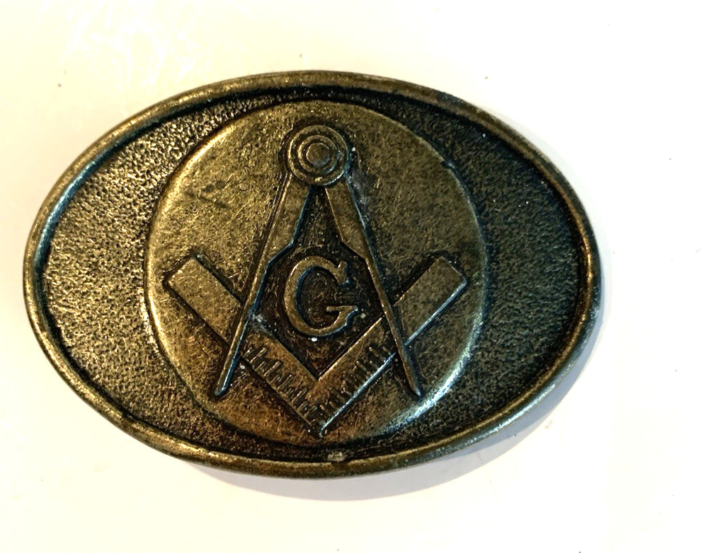 Vintage Masonic Compass G Symbol Gold Tone Oval Metal Belt Buckle