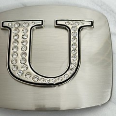 Letter U Rhinestone Initial Monogram Silver Tone Belt Buckle – 3.16&Prime; x 2.78&Prime;