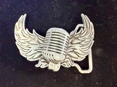 Retro Microphone Flying Mic & Wings Rock Music Silver Color Cutout Belt Buckle