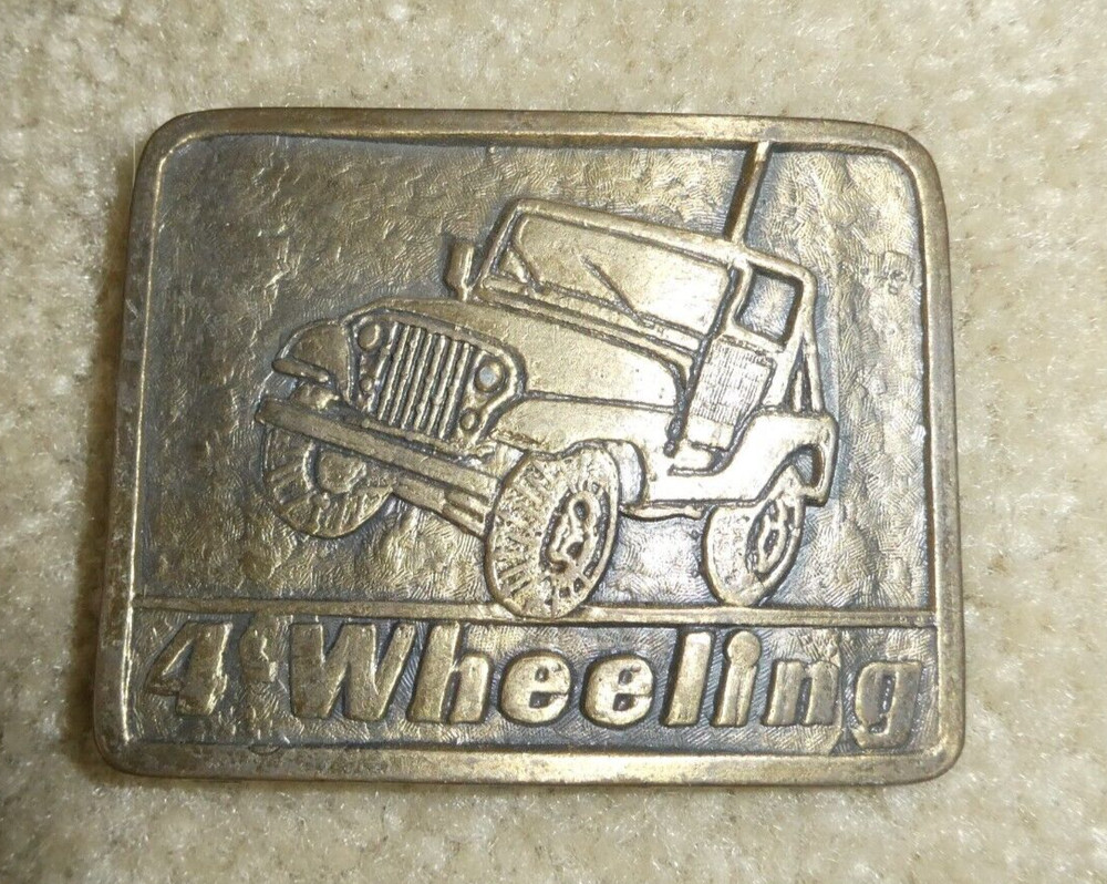 Vintage 1970s Brass 4 Wheeling Jeep Belt Buckle 3&Prime; Wide