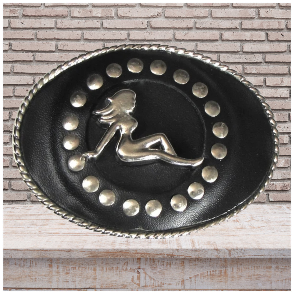 Made in USA Mens LEATHER BELT BUCKLE with MUD FLAP LADY Biker Trucker 1.5&Prime;