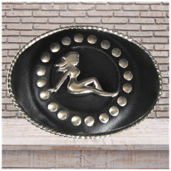 Made in USA Mens LEATHER BELT BUCKLE with MUD FLAP LADY Biker Trucker 1.5&Prime;