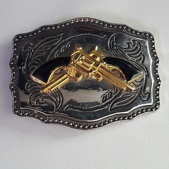 Western Dual Revolver Belt Buckle Silver Gold Tone Engraved Scroll Edge