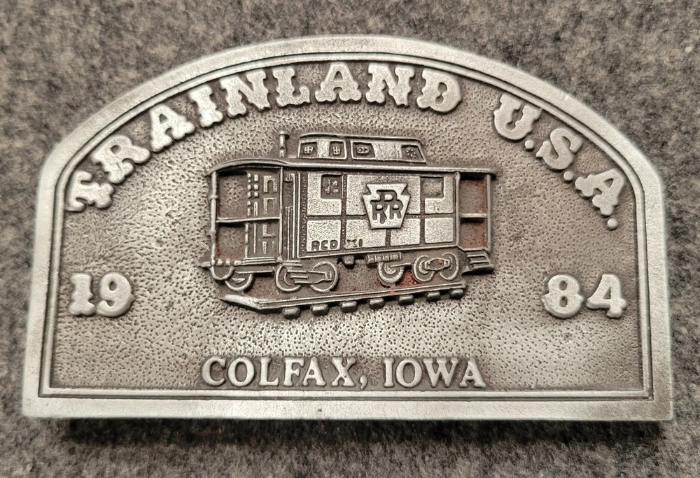 Trainland U.S.A Colfax, Iowa 1984 Pewter Belt Buckle. 4&Prime; x 2.5&Prime;
