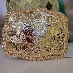 Rooster Cowboy Belt Buckle Western Hebilla Silver & Rosetone Rhinestone 4×3.5&Prime;