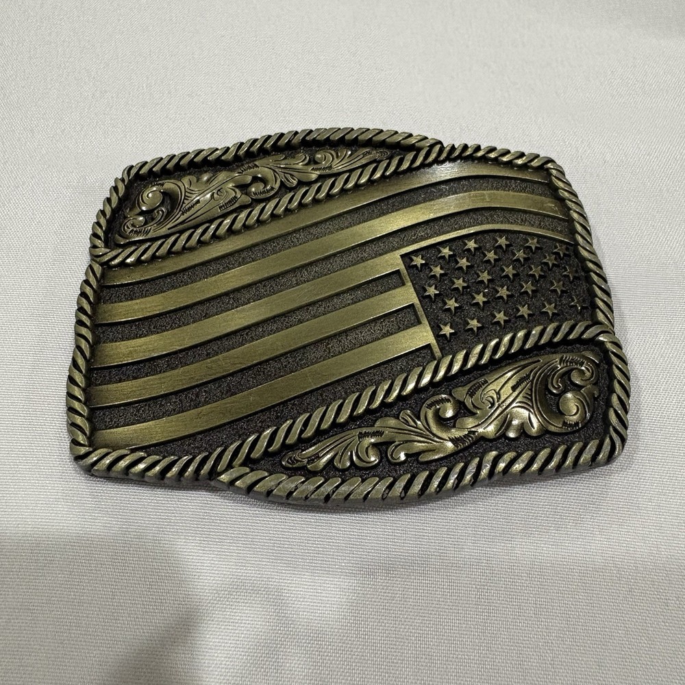 Western American Flag Belt Buckle Antique Brass USA Patriotic Cowboy Rodeo