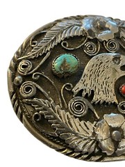SSI Silver Turquoise Coral American Eagle Feathers Flower Belt Buckle & Bolo Tie