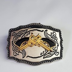 Western Dual Revolver Belt Buckle Silver Gold Tone Engraved Scroll Edge