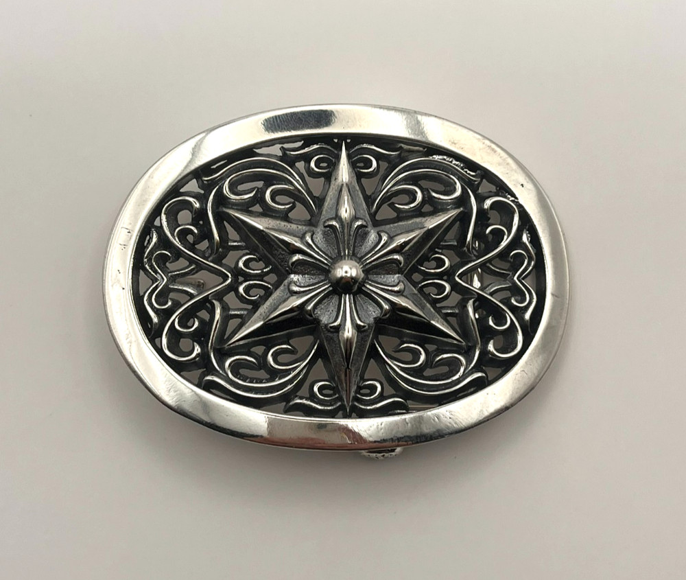 Gothic Star Belt Buckle Silver Tone Ornate Oval Biker 2.4oz【DDKRO】