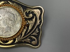 Vtg 1923 Peace Silver Dollar Coin Belt Buckle Engraved Scrollwork Western Cowboy