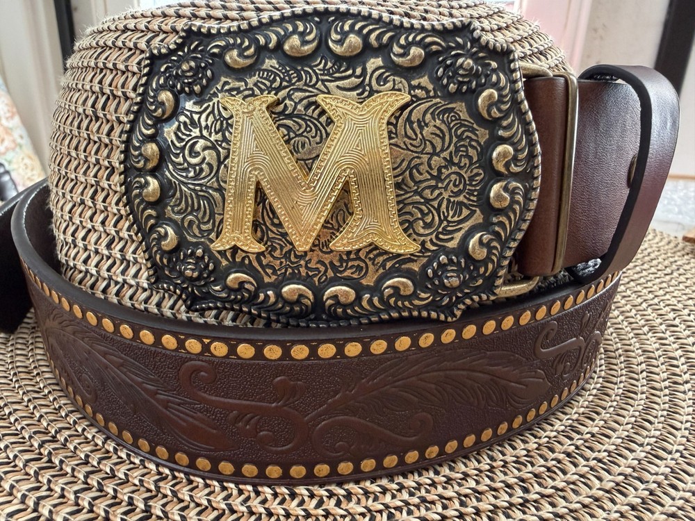 Antiqued Silver Letter Initial M Gold Classic Rectangle Flower Belt Buckle