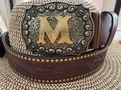 Antiqued Silver Letter Initial M Gold Classic Rectangle Flower Belt Buckle