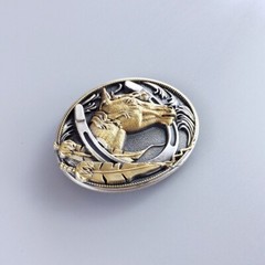 Vintage Style Two-Tone Silver Gold Plated Horse HorseShoe Oval Belt Buckle