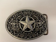 Centered Lone Star Fleur De Lis Design Swirl Silver & Balck Color Belt Buckle