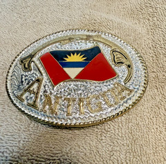 Pewter Belt Buckle National Flag of Antigua 2 Tone