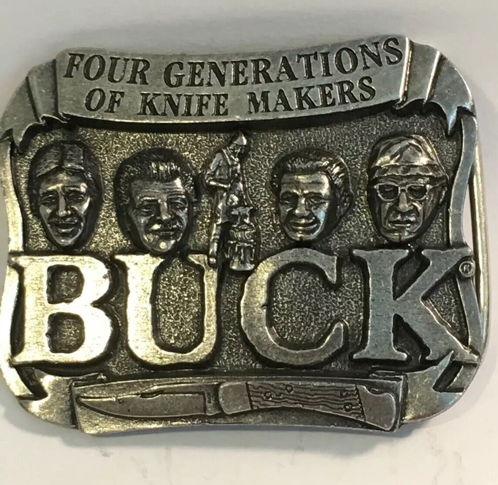 Buck Knives Belt Buckle Four Generations Of Knife Makers Pewter Smoky MT. Knife