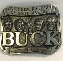 Buck Knives Belt Buckle Four Generations Of Knife Makers Pewter Smoky MT. Knife