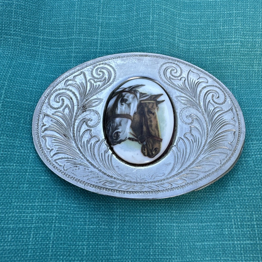 Vintage Western Horse Head Belt Buckle Engraved Silver Tone Oval Cowboy