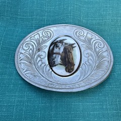 Vintage Western Horse Head Belt Buckle Engraved Silver Tone Oval Cowboy