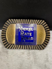 Vintage Nickel Rate Road Gold Tone Buckle Enamel Railroad