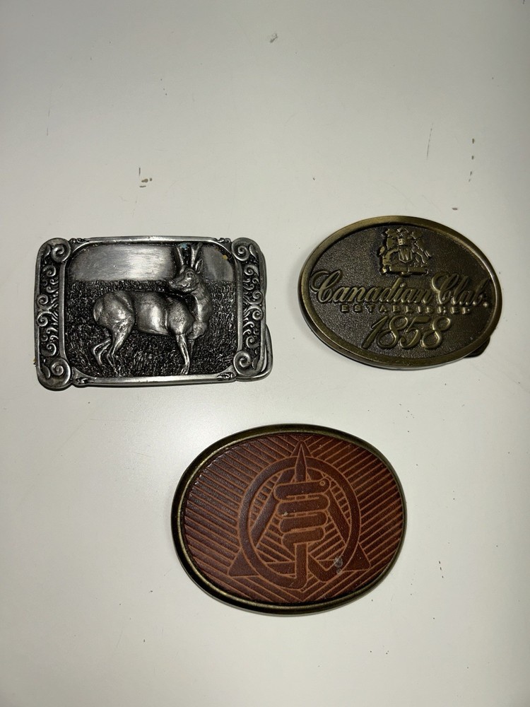 El CID Siskiyou Canadian Club Lot Of 3 Belt Buckles Metal Leather Antelope