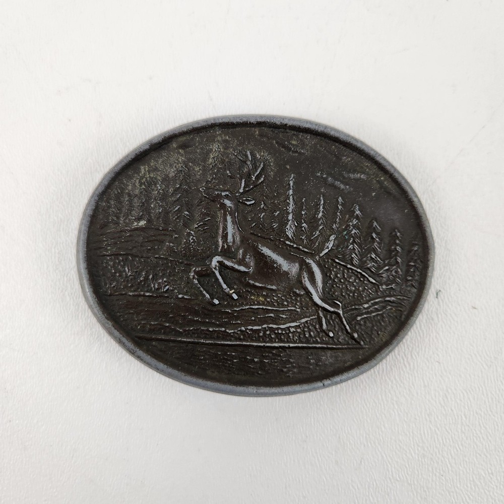 Deer Scene Belt Buckle Mens Silver Western Metal Oval Hunting Wildlife Country
