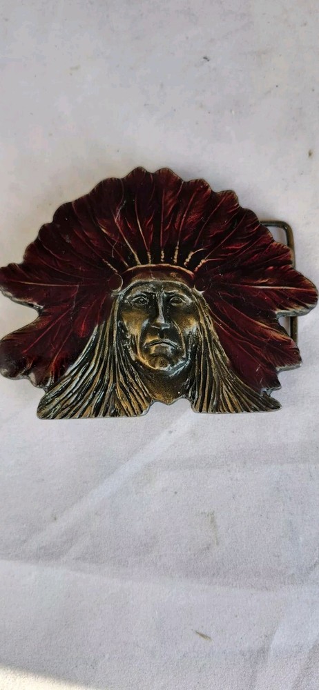 Vintage Native American Indian Chief Head Headdress Belt Buckle Metal 70s 4&Prime;
