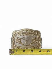 Silver & Gold Longhorn Belt Buckle with Ornate Floral and Scrollwork Design