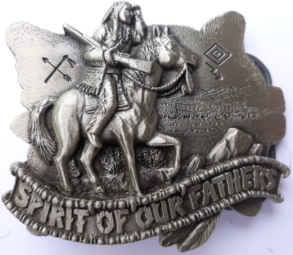 1991 Great American Belt Buckle Spirit of Our Fathers Indian scout 3.5&Prime; long