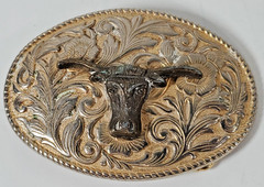 2 Tone Western Belt Buckle Dark Longhorn Steer on Floral Background Rope Border