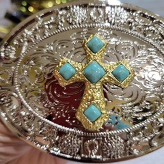 Cross Western belt Buckle Silver Oval Religious Gift Item With Blue Accents