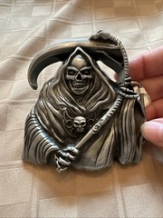 Metal Belt Buckle Grim Reaper Skull Scythe 3D Relief Silver Tone Biker Style