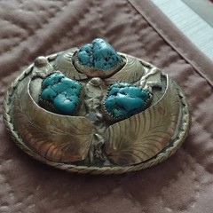 Vintage Native Made Men&rsquo;s Western Oval Silver Belt Buckle w/ Torquoise Stones