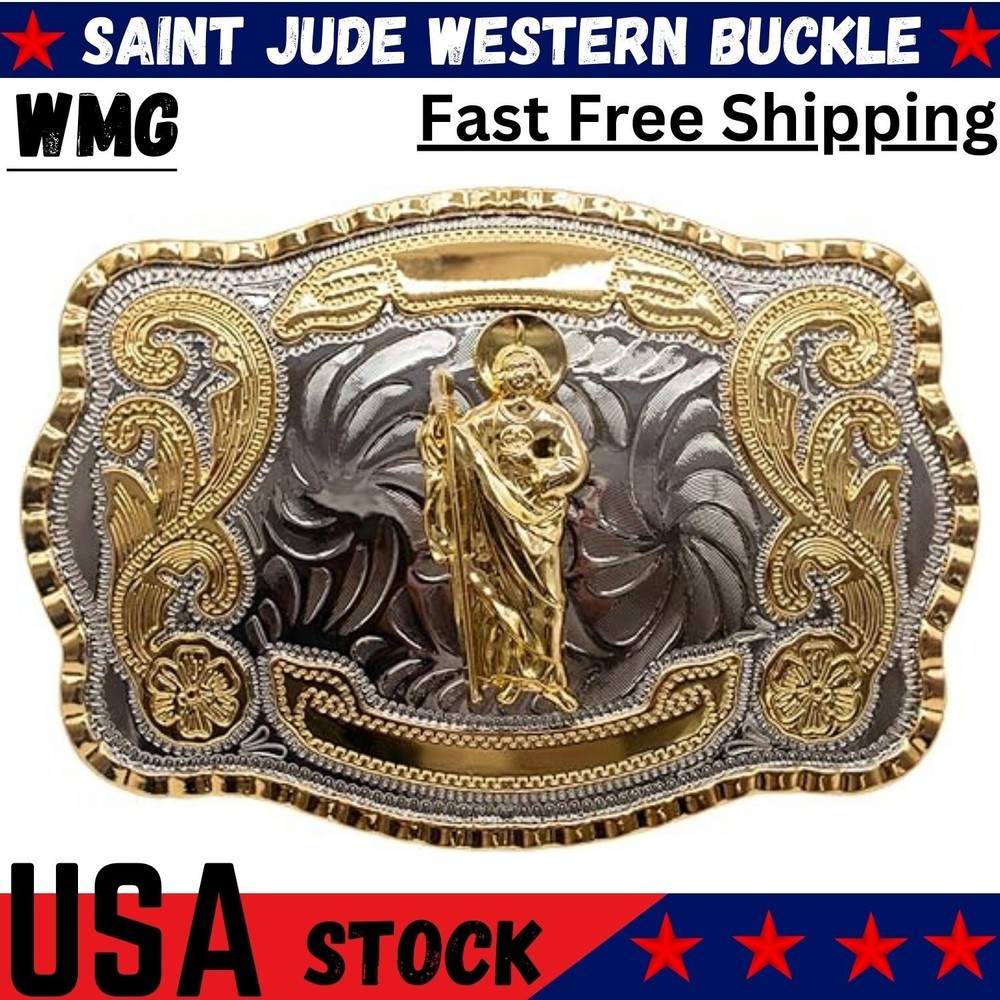 Saint Jude Western Rodeo Gold Tone Shine Design Fashion Cowboy Belt Buckle