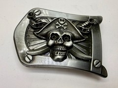 Pirate Skull Crossbones with Crossed Swords 3D Raised Silver Tone Belt Buckle