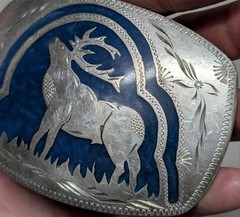 vintage ELK belt buckle HANDCRAFTED german silver WESTERN inlay ENGRAVED cowboy