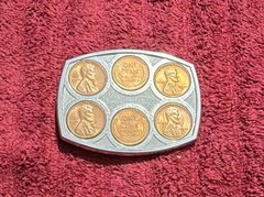 Belt Buckle with Embedded Lincoln One Cent Pennies, Silver Tone Plate Buckle
